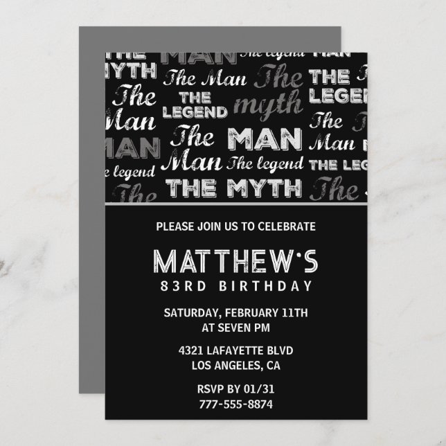 Black 83rd birthday invitation for him Myth Legend (Front/Back)
