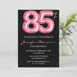 Black 85th birthday invitations Balloon Glam Pink