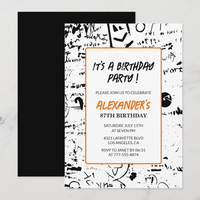 Black 87th birthday invitations Men Graffiti  (Front/Back)