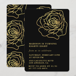 Black 88th birthday invitations Gold Floral