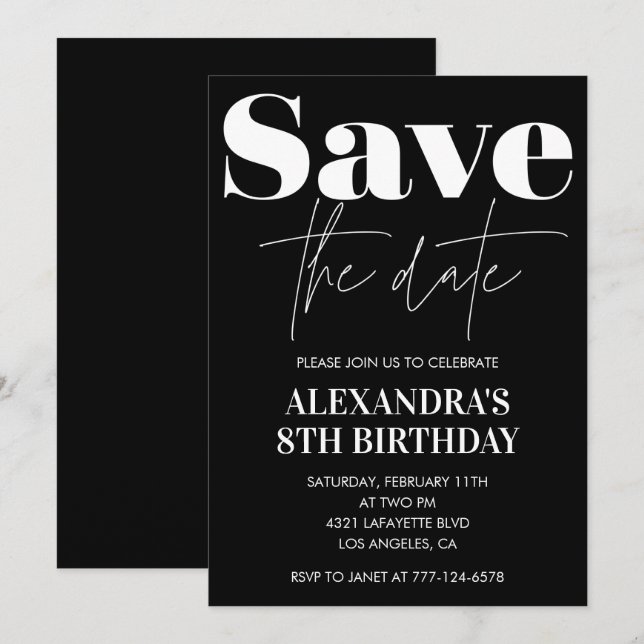 Black 8th birthday invitation Save the date White (Front/Back)
