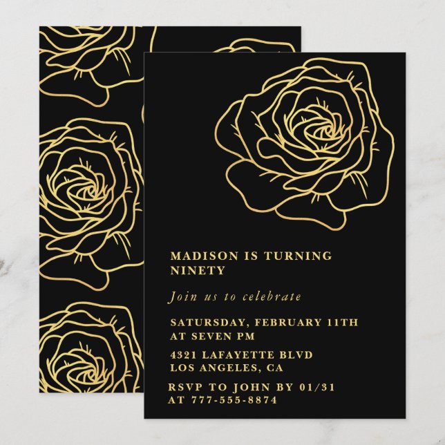 Black 90th birthday invitations Gold Floral (Front/Back)