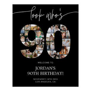 Black 90th Birthday Photo Collage Welcome Sign