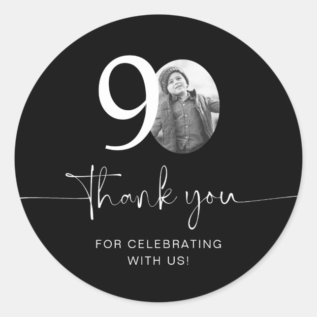 Black 90th Birthday Thank You Classic Round Sticker (Front)