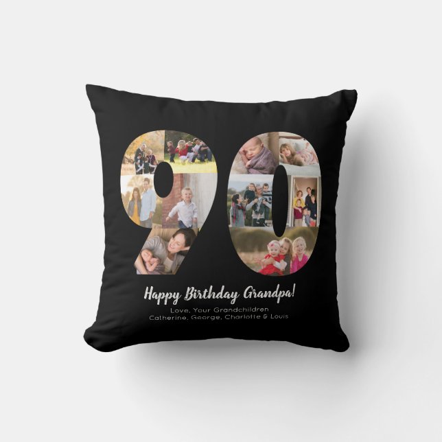 Black 90th Number Photo Collage Custom Greeting Cushion (Front)