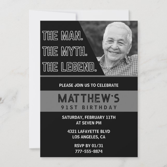 Black 91st birthday invitations The Man The Legend (Front)