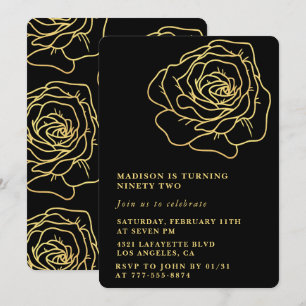 Black 92nd birthday invitations Gold Floral