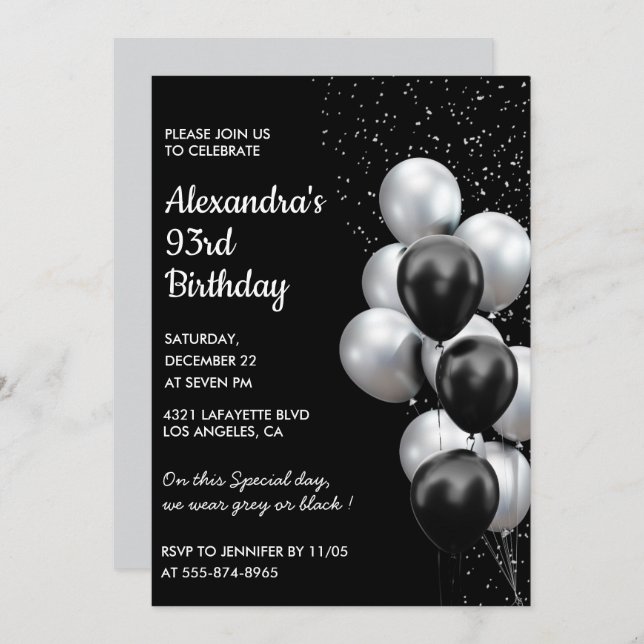 Black 93rd birthday invitations Balloons Silver (Front/Back)