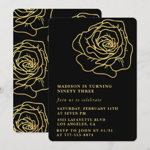 Black 93rd birthday invitations Gold Floral