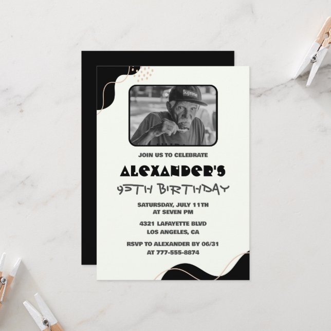 Black 95th birthday invitations Men Simple Photo (Front/Back In Situ)