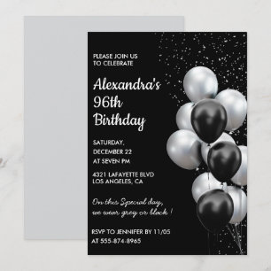 Black 96th birthday invitations Balloons Silver