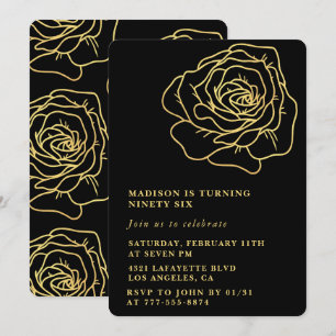 Black 96th birthday invitations Gold Floral