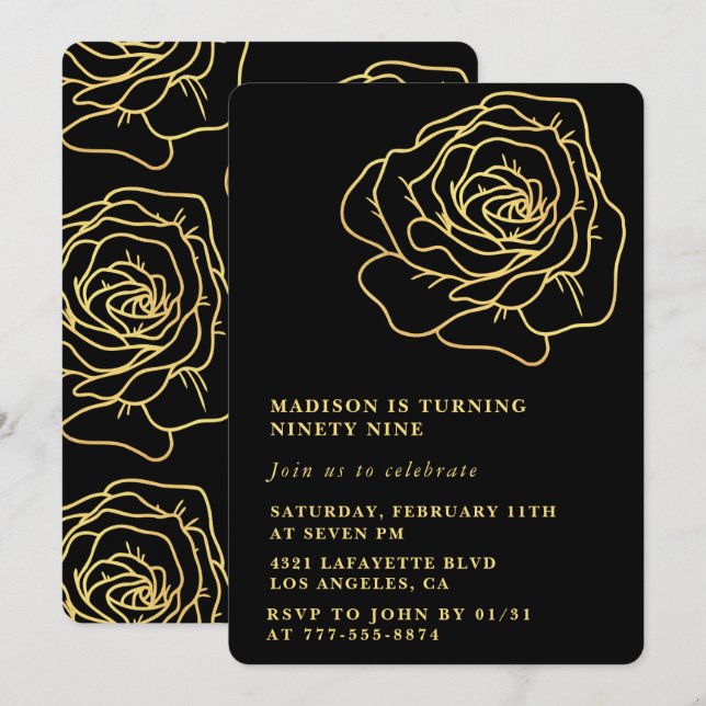 Black 99th birthday invitations Gold Floral (Front/Back)