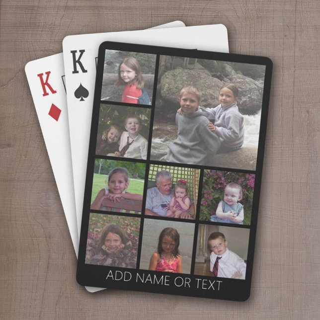 Black 9 Photo Square Collage simple white text Playing Cards (9 Photo playing cards -- personalize with your name)