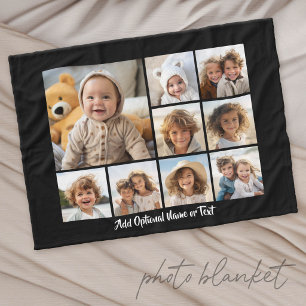 Black 9 Photo Square Collage - with script white Fleece Blanket