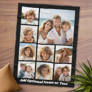 Black 9 Photo Square Collage - with script white Fleece Blanket
