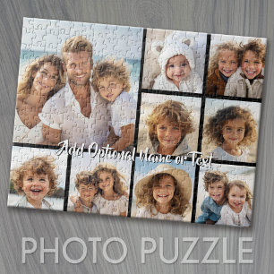 Black 9 Photo Square Collage - with script white Jigsaw Puzzle