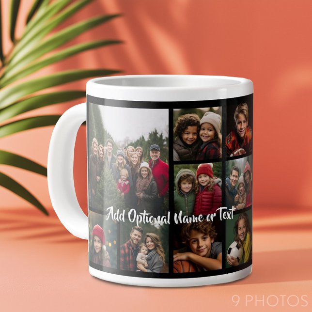 Black 9 Photo Square Collage - with script white Large Coffee Mug (Add 9 photos to this personalized coffee mug.)