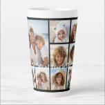 Black 9 Photo Square Collage - with script white Latte Mug<br><div class="desc">You can use square or selfie photos for this design. Use eight square photos to create a unique and personal gift. Or you can keep the hipster puppy and make a trendy keepsake. If you need to adjust the pictures,  click on the customise tool to make changes.</div>