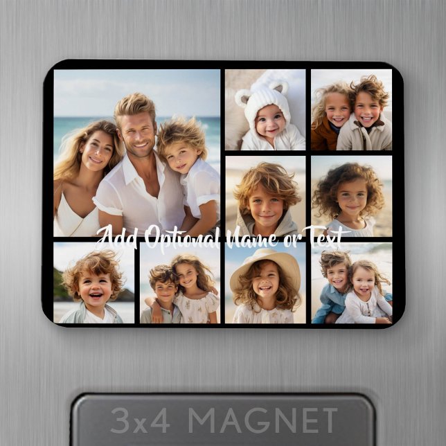 Black 9 Photo Square Collage - with script white Magnet (Personalized fridge magnet - add photos and custom text)
