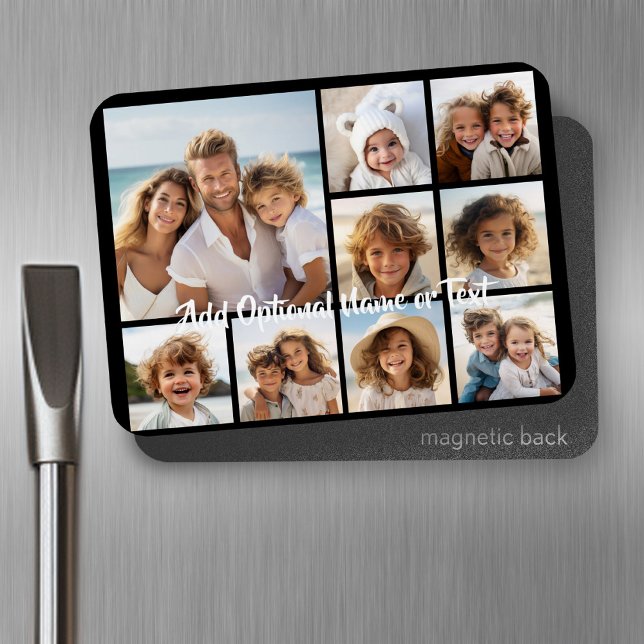 Black 9 Photo Square Collage - with script white Magnet (Personalized fridge magnet - add photos and custom text)