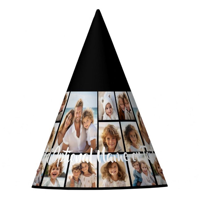 Black 9 Photo Square Collage - with script white Party Hat (Front)