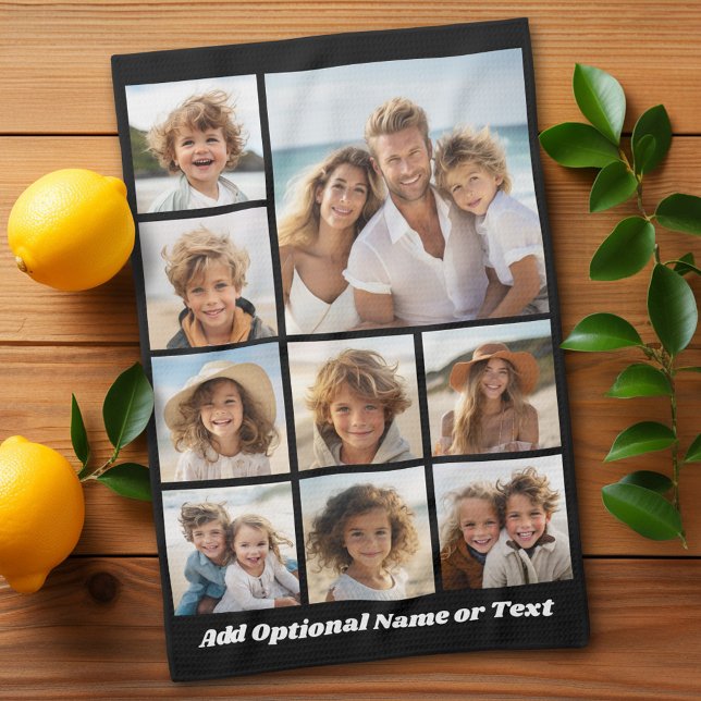 Black 9 Photo Square Collage - with script white Tea Towel (Custom kitchen towel - photo collage)