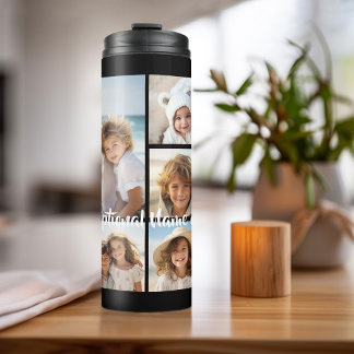 Black 9 Photo Square Collage - with script white Thermal Tumbler