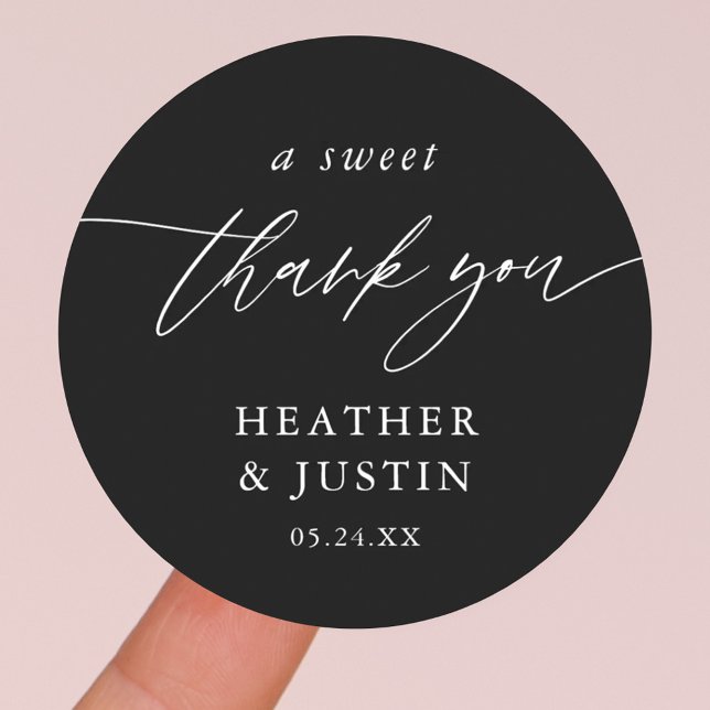 Black A Sweet Thank You Wedding Favour Classic Round Sticker (Creator Uploaded)