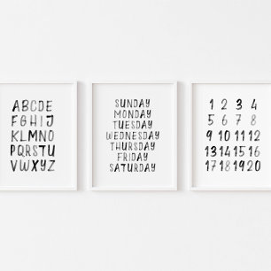 Black ABC numbers day of week print set of 3
