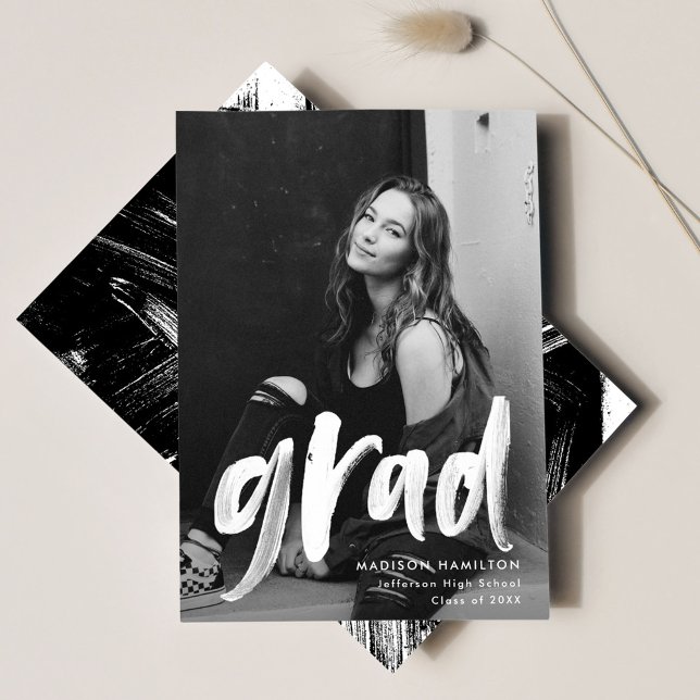 Black | Abstract Brushstrokes Photo Graduation Announcement (Creator Uploaded)