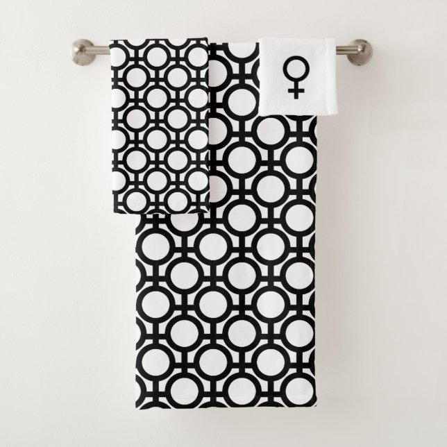 Black Abstract Circles and Lines on White  Bath To Bath Towel Set (Insitu)