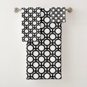 Black Abstract Circles and Lines on White  Bath Towel Set
