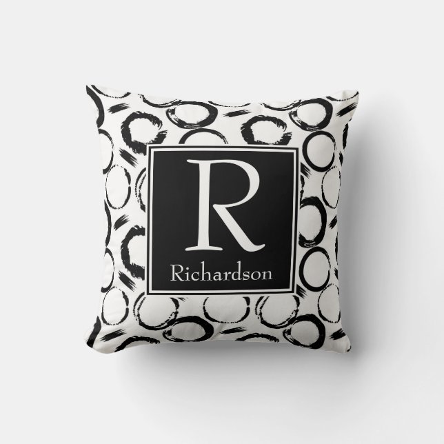 Black Abstract Circles Monogrammed Cushion (Front)