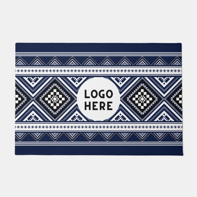 Black Abstract Ethnic Geometric Patterns with Logo Doormat (Front)