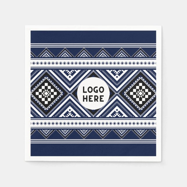 Black Abstract Ethnic Geometric Patterns with Logo Napkin (Front)