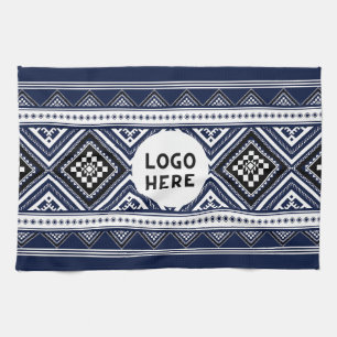 Black Abstract Ethnic Geometric Patterns with Logo Tea Towel