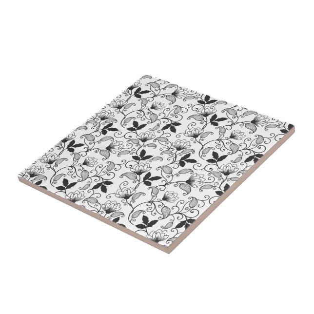 Black Abstract Floral on White Background Tile (Side)