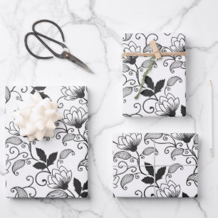 Black Abstract Floral on White Background Wrapping Paper Sheet