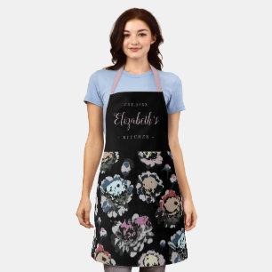 Black abstract floral pattern personalised cooking apron