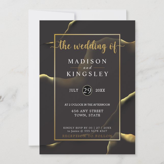 Black Abstract 🖤✨ Inky Alcohol Fab Budget Wedding Invitation (Front)