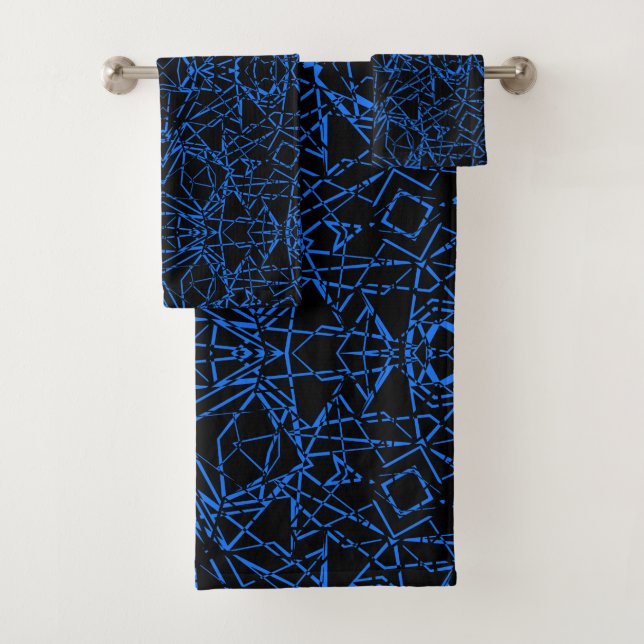 Black abstract modern spider net lines blue navy o bath towel set (Insitu)