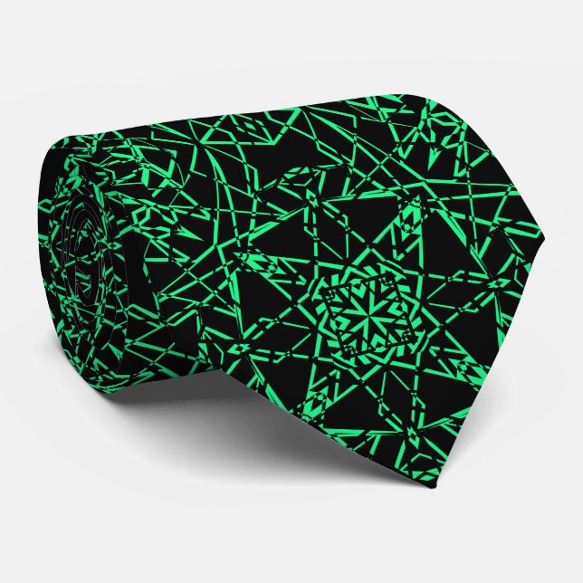 Black abstract modern spider net lines neon green tie (Rolled)