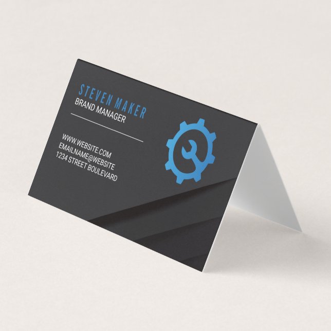 Black Abstract Panels | Wrench Gear Logo Business Card (Front)