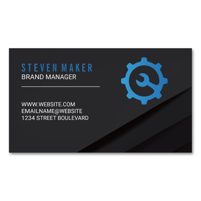 Black Abstract Panels | Wrench Gear Logo Magnetic Business Card (Front)