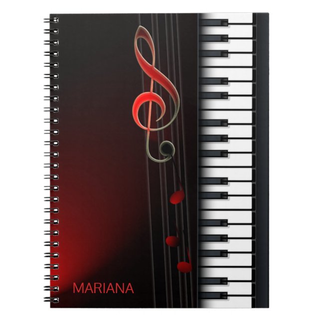Black Abstract Piano And Red Clef Notebook (Front)