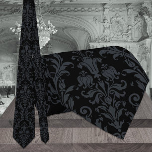 Black Acanthus Floral Damask Wedding Tie