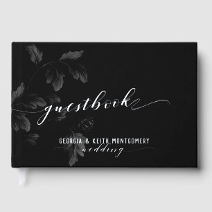 Black Acanthus Leaf Silver Script Elegant Wedding Guest Book