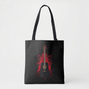 Black Acoustic Guitar Art Bold Red Music Lover Tote Bag