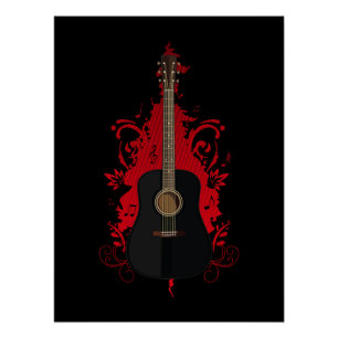 Black Acoustic Guitar Art Music Room Vintage Red Poster
